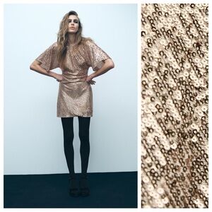 NWT. Zara Beige-Pink Sequin Mini Dress. Size L.